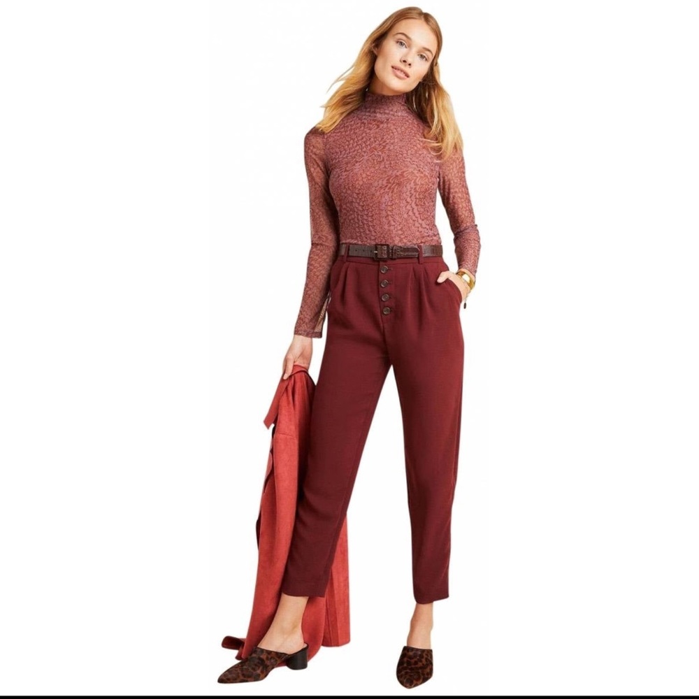 Anthropologie Sasha Button Fly Tapered Trousers in Wine